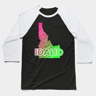 Colorful mandala art map of Idaho with text in pink and green Baseball T-Shirt